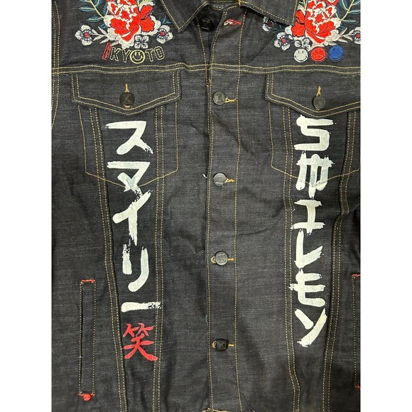 deKryptic Smiley Painted Dark Denim Jean Jacket Graphic Print Men’s Size 3XL - Picture 4 of 14